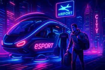 Night airport transfer with neon reflections