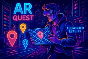 AR quest map with neon route across the old town