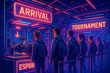 Players at venue arrival checkpoint forming a queue