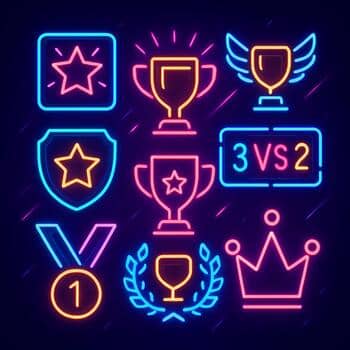 Set of collectible mobile badges with cyan-magenta glow