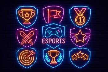 Neon-lit wall with collectible city badges