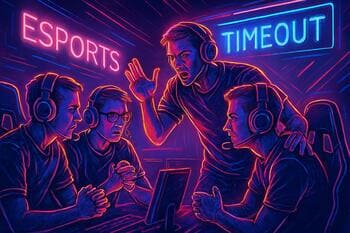 Captain huddle during a timeout under neon light