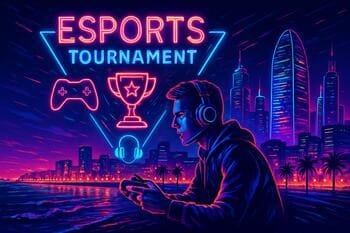 Barcelona coast blended with neon HUD elements