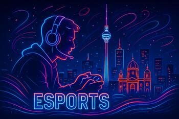 Berlin skyline with cyan-magenta tournament glow