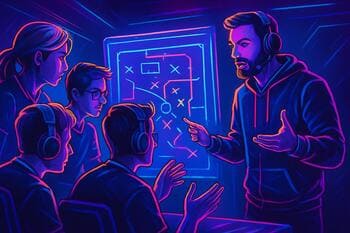 Coach briefing a mobile squad under neon lights