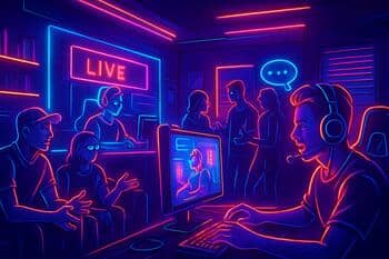 Creator streaming in a quiet community room with neon accents