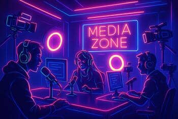 Creator media bay with compact rigs and acoustic panels