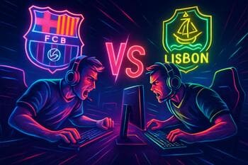 Barcelona vs Lisbon derby with coastal neon vibes