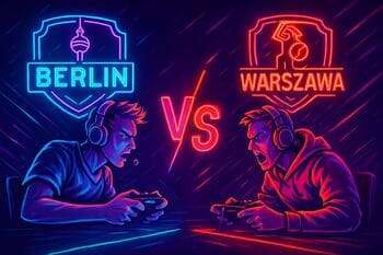 Berlin vs Warsaw derby visual with neon split
