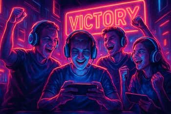 European mobile players celebrating a clutch win under neon lights