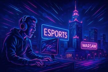 Warsaw night view with cyan-magenta glow