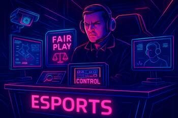 Referee desk with review tablets and neon badges