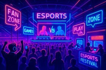 City plaza with neon ambient lights where fans gather