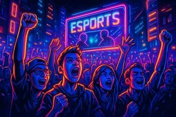 Night crowd cheering under cyan-magenta lights