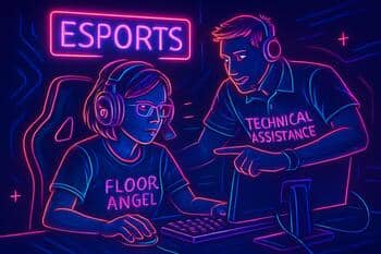 Floor angel volunteer with headset near venue entrance