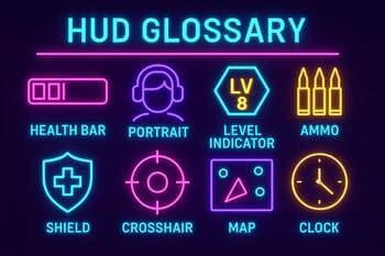 HUD icons and labels for glossary terms