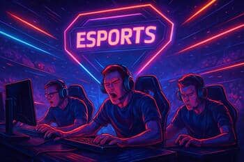 LAN finals stage with neon skyline and confetti