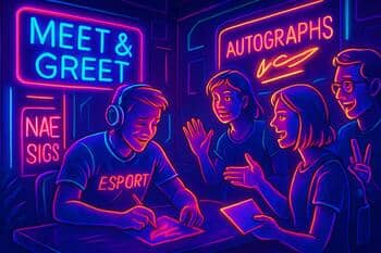 Meet-and-greet corner with soft lighting and city banners