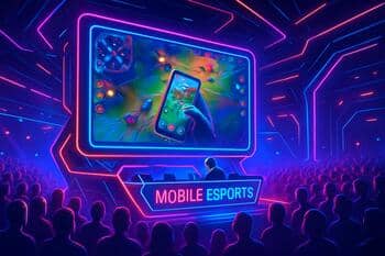 Mobile esports stage with neon city skyline visuals