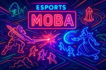 MOBA mode banner with lanes and neon overlays