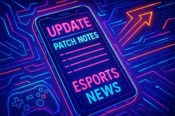 Patch notes on a phone with neon UI highlights