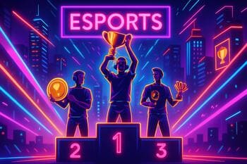 Podium with city cup trophies and neon lights