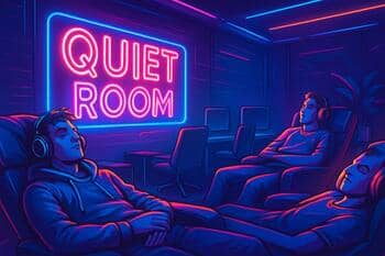 Quiet room door with soft neon sign and rules