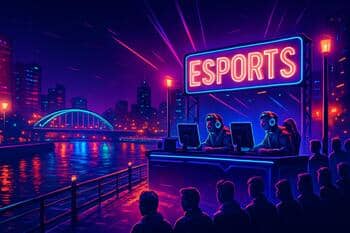 River promenade at night with cyan-magenta reflections