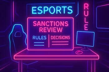 Referees at a desk reviewing a match incident on monitors