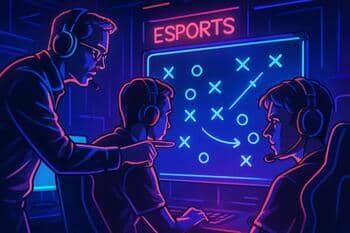 Coach and players reviewing minimalist comms board