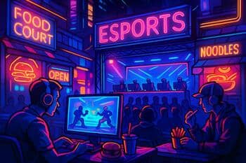 Street food corner with subtle neon reflections at dusk