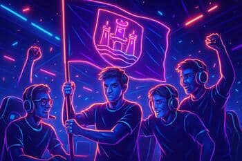 Team huddle holding a city flag under arena lights