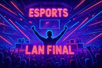 LAN finale with neon stage and confetti