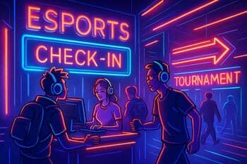 Venue lobby check-in area with calm lighting