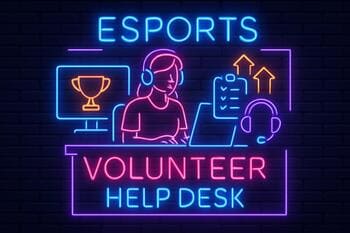 Volunteer help desk with signage and neon accent lighting